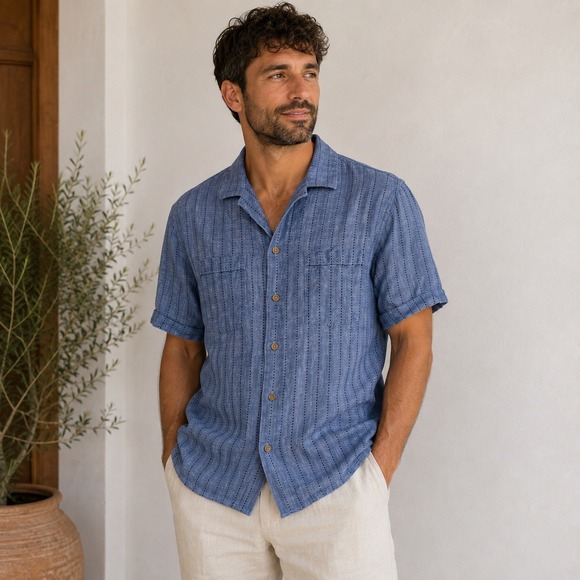 Criquet Other - Criquet Button Up Shirt Mens M Blue Linen Blend Dot Stripe Coastal Preppy Modern
